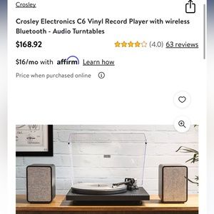 Crosley Electronics C6 Vinyl Record Player w wireless
Bluetooth Audio Turntables